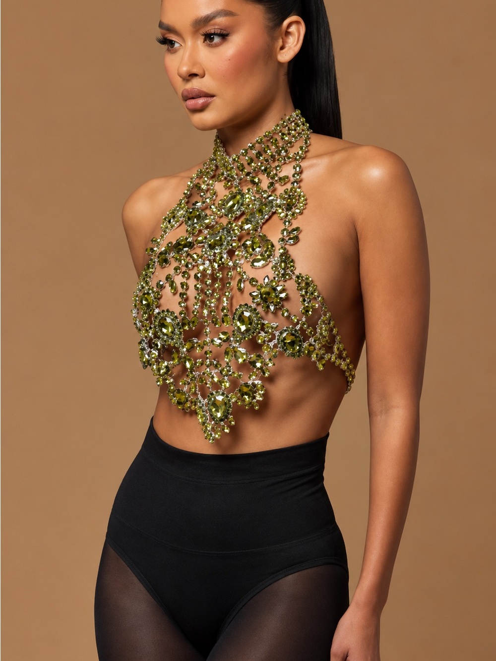 Fashion Nova Olive Green Crystal Halter Camisole